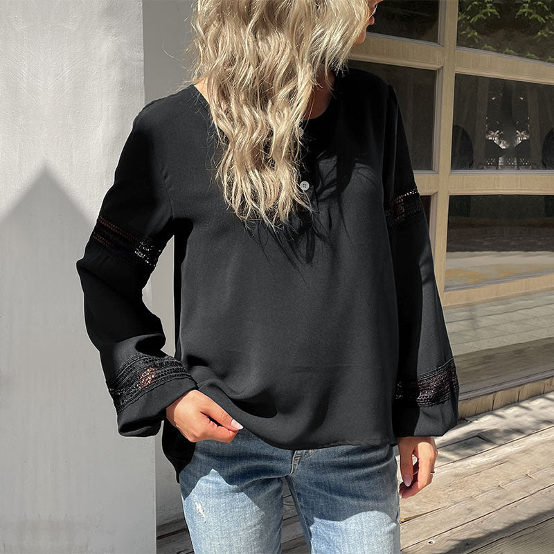 LOVECCR New Women's Clothing popular Autumn New Lace Splicing Shirt Crew Neck Solid Color Long Sleeve Hollow Shirt