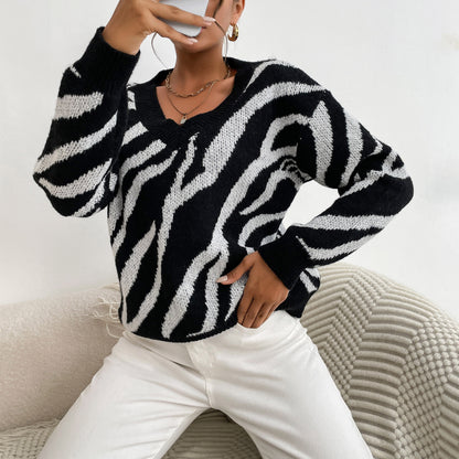 LOVECCR  Popular trade popular autumn and winter new Middle East women's clothing pullover 2025 fashion zebra pattern warm thick knitted sweater