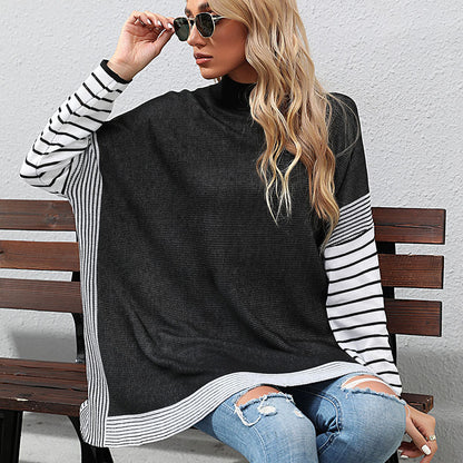 LOVECCR Hot new 2025 autumn and winter foreign trade women's clothing bat sleeve striped semi-turtleneck sweater Middle East knitted sweater