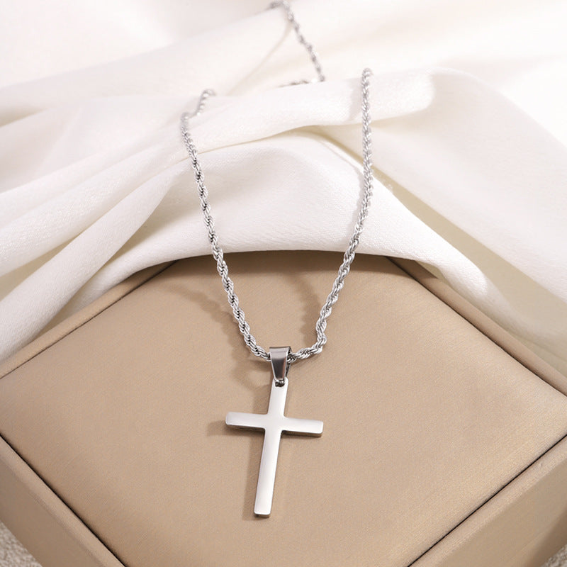 Titanium Steel Necklace Stainless Steel Boys High Sense Hemp Flowers Chain Double Layer Cross Fashion All-Match Non-Fading Pendant