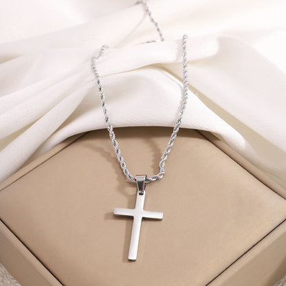 Titanium Steel Necklace Stainless Steel Boys High Sense Hemp Flowers Chain Double Layer Cross Fashion All-Match Non-Fading Pendant