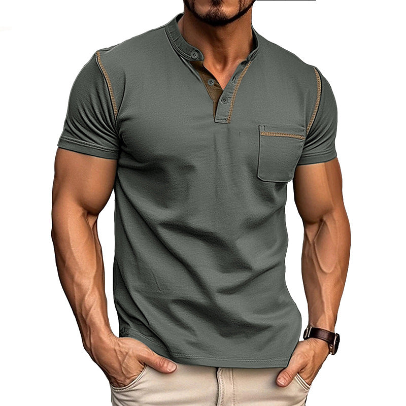 Summer European and American Style Men's Clothing Short-Sleeved Men's T-shirt Foreign Trade Men's Henley Shirt  Color Matching T-shirt Men's Wholesale