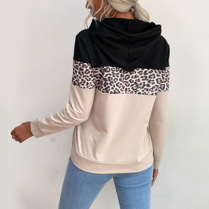 LOVECCR Cross-border Popular trade popular autumn 2025 contrasting color hoodie women's  retro leopard print splicing hooded sweater