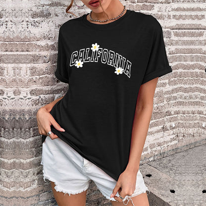 LOVECCR new popular summer 2025 women's clothing round neck solid color pullover basic top short sleeve t-shirt printed women