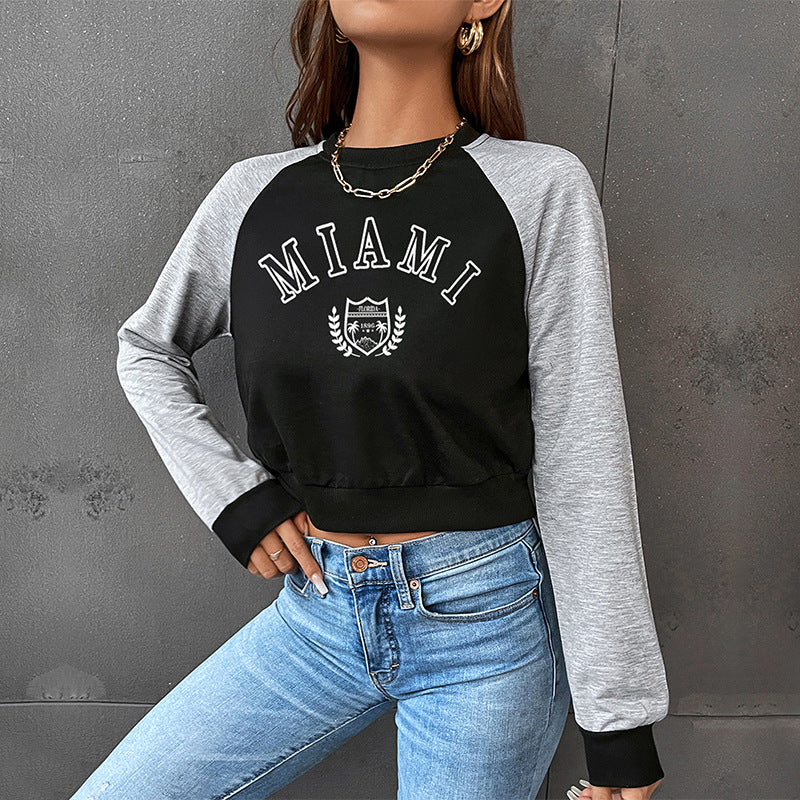 LOVECCR popular new spring leisure sports college style 2025 color matching short navel round neck letter pullover sweater women