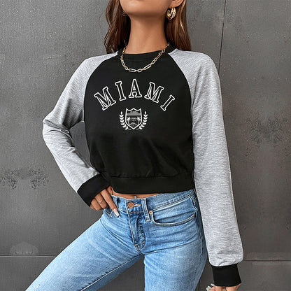 LOVECCR popular new spring leisure sports college style 2025 color matching short navel round neck letter pullover sweater women