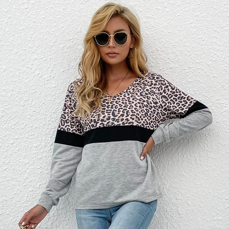 LOVECCR popular autumn new 2025 contrasting colors leopard print v-neck pullover casual top bottoming long-sleeved t-shirt wholesale