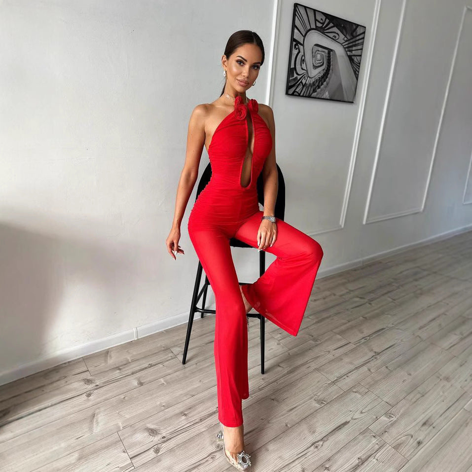 LOVECCR popular autumn new 2025  tube top mesh jumpsuit trousers slim dress women's wholesale red