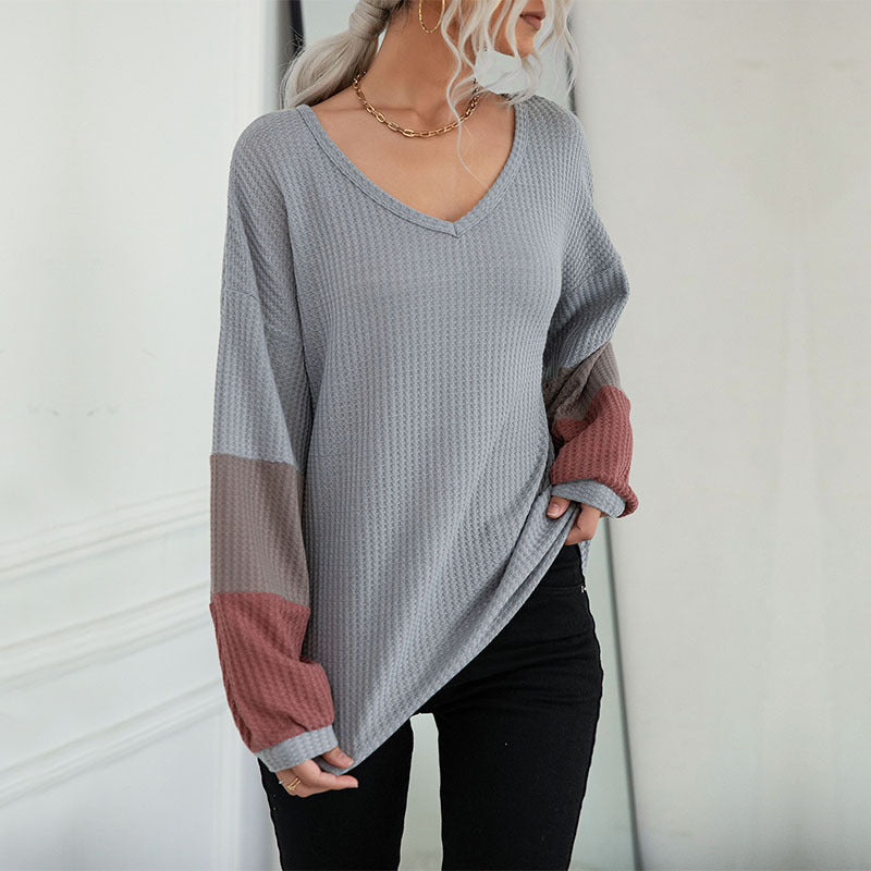 LOVECCR New  Hot Trade popular New 2025 Autumn Color Matching Long Sleeve Gray V-Neck Knitted Sweater