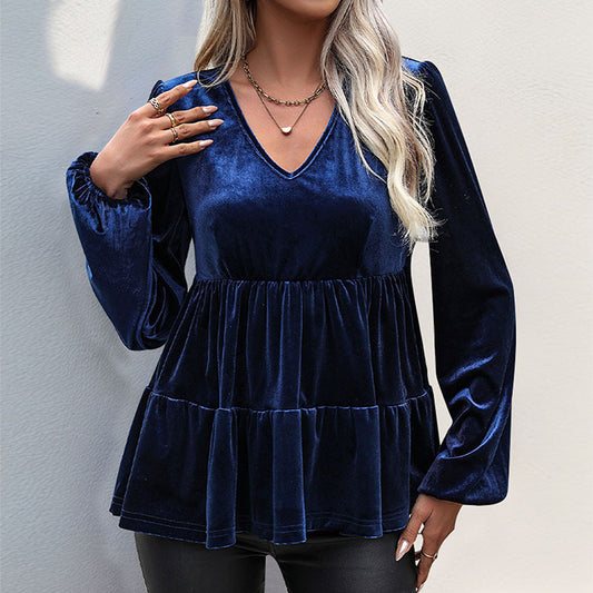 LOVECCR 2025 foreign trade women's clothing autumn temperament elegant pullover top ruffle edge V-neck fashion velvet shirt