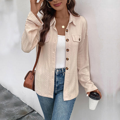 LOVECCR 2025  Hot early autumn thin solid color shirt knitted texture shirt jacket button-down lapel women's shirt