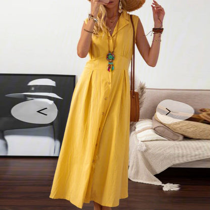 LOVECCR European American Summer New Skirt  Lapel Women's A- line Vintage Cotton Linen Long Dress