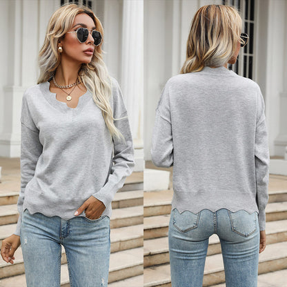 LOVECCR New Popular trade women's clothing popular autumn and winter new gray knitted sweater wavy edge pullover bottoming top