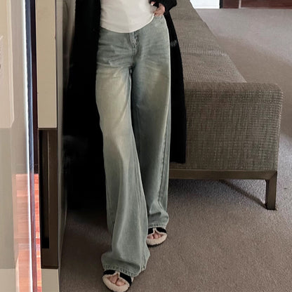 Jin Yi Laid-Back Figure Flattering Washed Light Blue Jeans Loose Edging Straight Mop Wide Leg Trousers for Women New