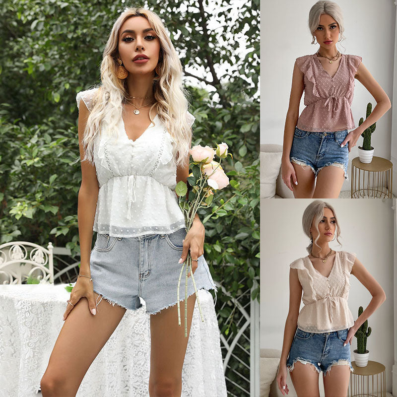 LOVECCR New summer jacquard top 2025 lotus leaf edge splicing waist flying sleeves short chiffon shirt women