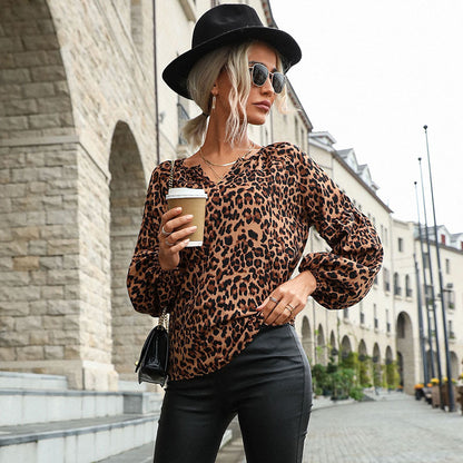 LOVECCR New Cross-border Hot Trade 2023 Spring and Autumn New 2025 Women's Clothing Pullover Leopard Chiffon Bottom Shirt