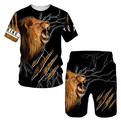 New  Cross Border Men's Suits 3D Digital Printing Animal Figure Short Sleeve Shorts Men's Beach Sports Pants