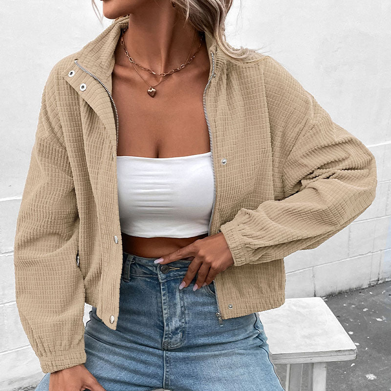 LOVECCR Europe, America  Women's Clothing Hot Autumn and Winter New  Stand-Up Jacket Corduroy Europe and America Short Jacket Women