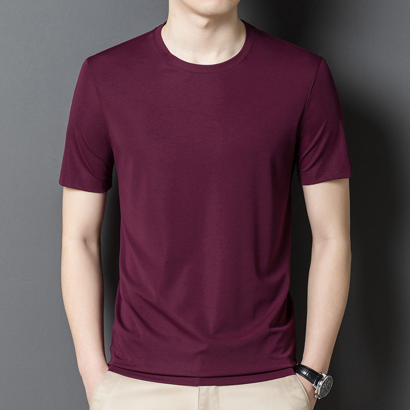 Famous Brand Authentic Mulberry Silk Men's T-shirt Short  Summer round Neck All-Matching Youth Middle-Aged Men's Silk Top