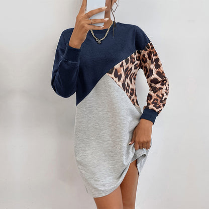 LOVECCR New Popular trade explosion popular autumn and winter new splicing round neck medium and long leopard print pullover sweater skirt women