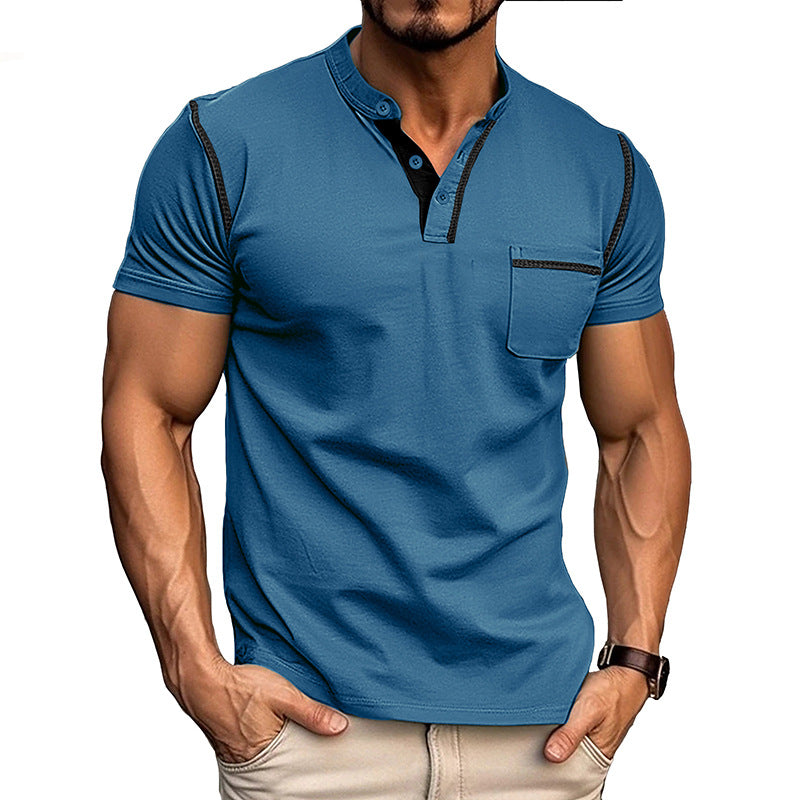 Summer European and American Style Men's Clothing Short-Sleeved Men's T-shirt Foreign Trade Men's Henley Shirt  Color Matching T-shirt Men's Wholesale