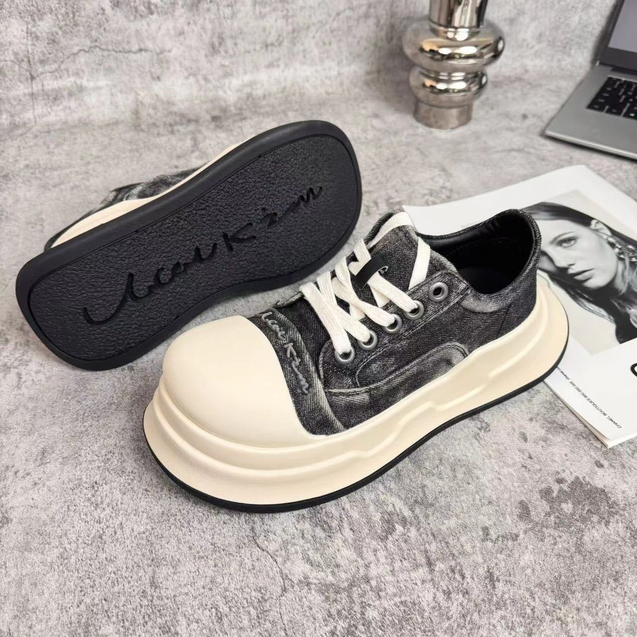 loveccr Black and White round Head Mickey Big Head Shoes Female  Spring New Genuine Leather All-Match Casual Sneaker Platform Height Increasing Shoes