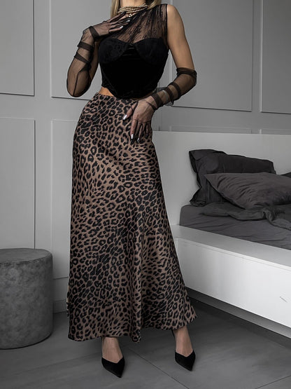 Foreign Trade Summer Women's Leopard Print High Waist Bohemian Large Hem Drape A- line Skirt
