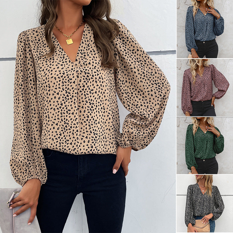 LOVECCR Cross-border  popular spring and summer Popular trade 2025 commuter tops long-sleeved V-neck leopard print design shirts women