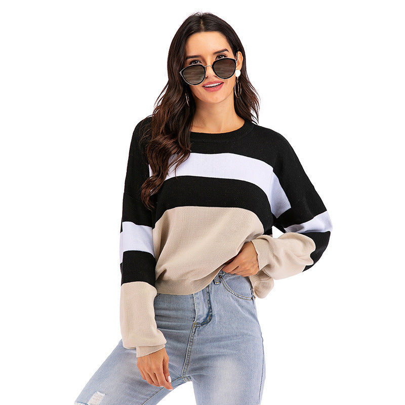 LOVECCR popular Spring and Autumn New 2025 Crew Neck Knitted Striped Contrast Color Long Sleeve Bottom Sweater Women's Short Pullover