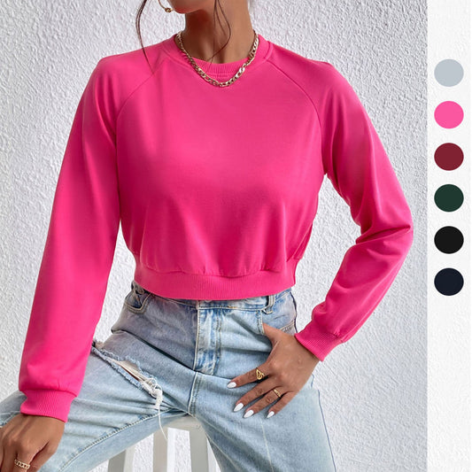 LOVECCR popular new New Popular trade leisure sports ragged sleeves top Popular trade short navel round neck pullover sweater women