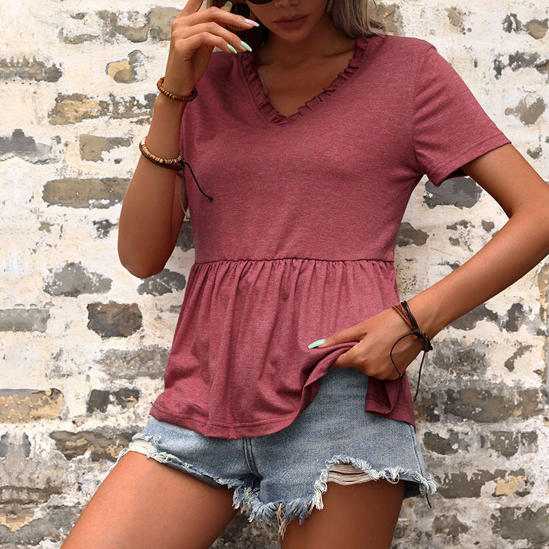 LOVECCR New Cross-border popular New Summer 2025 V-Neck Casual Solid Color Loose T-Shirt Short Sleeve Top Women