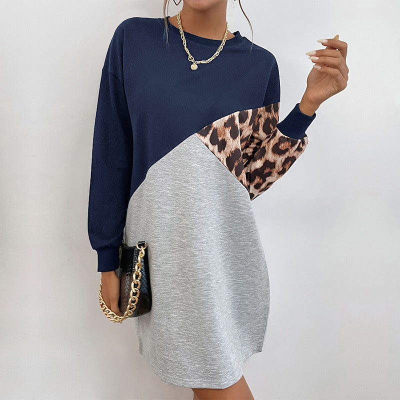 LOVECCR New Popular trade explosion popular autumn and winter new splicing round neck medium and long leopard print pullover sweater skirt women