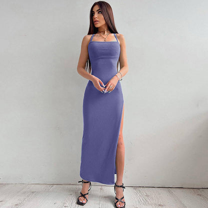 Eliya Sexy High Split Sling Dress Temperament Leisure Vacation Style Backless Solid Color Dress Cc22157