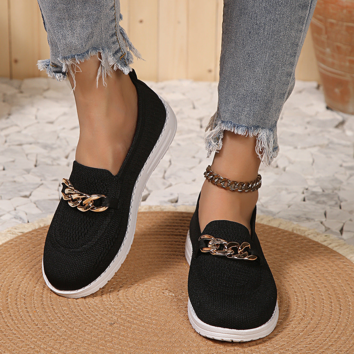 loveccr Loafers Women's  Spring/Summer New Fly Woven Mesh Breathable Shoes Women's Cross-Border plus Size round Toe Shallow Mouth Sneakers Women