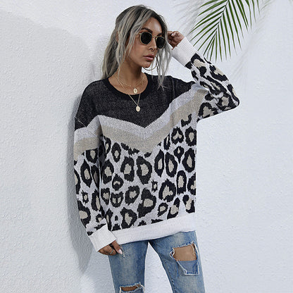 LOVECCR New 2023 autumn and winter leopard print splicing contrasting colors loose 2025 crew neck knitted sweater women's jumper