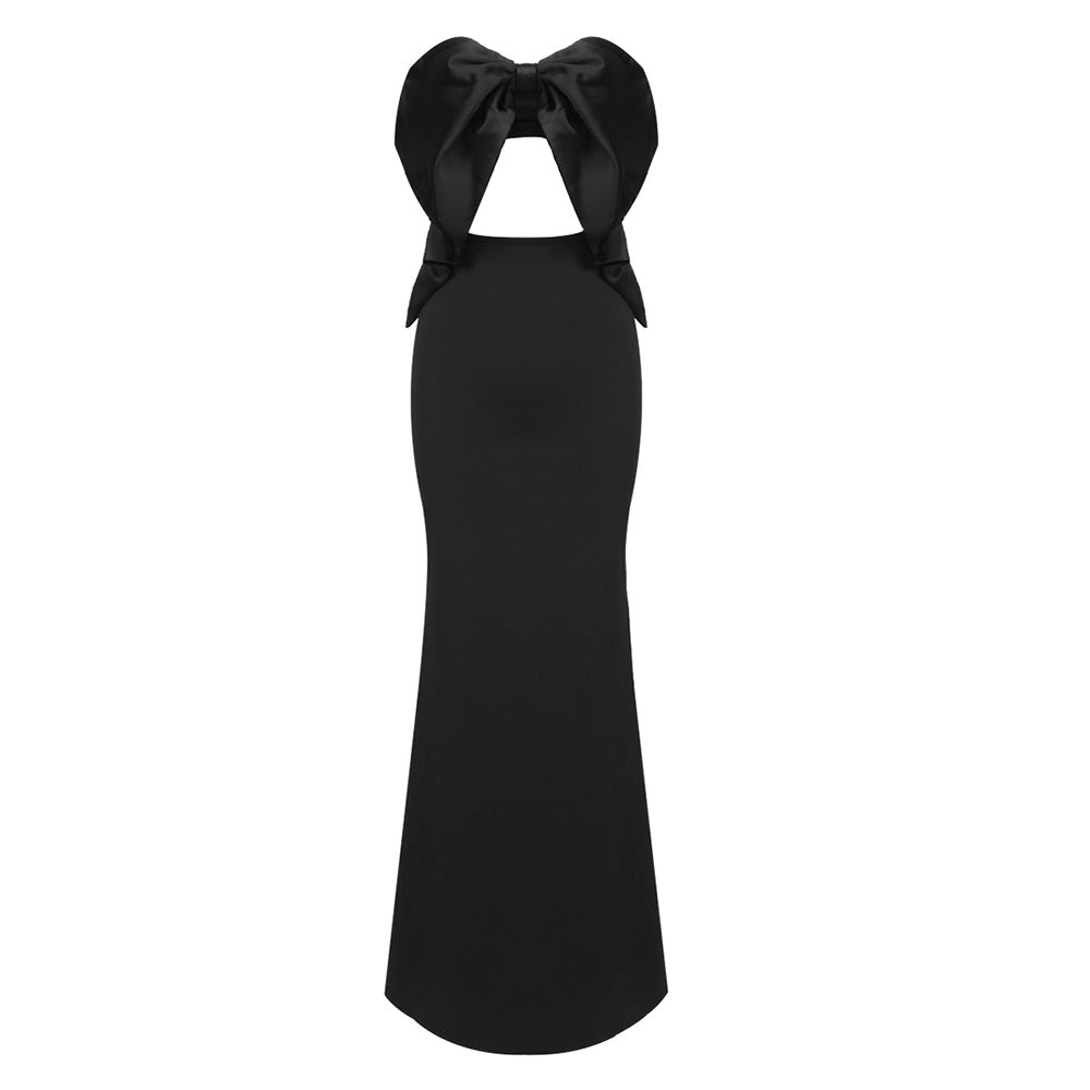 LOVECCR Black and white color matching bow elastic tube top hollow dress 2025 women's clothing high-end bandage long dress autumn and winter