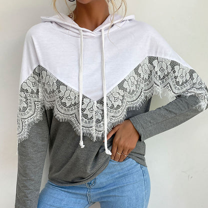 LOVECCR New  Autumn popular New Women's Wear Long Sleeve Hooded Pullover Splicing Lace Sweater Hoodie