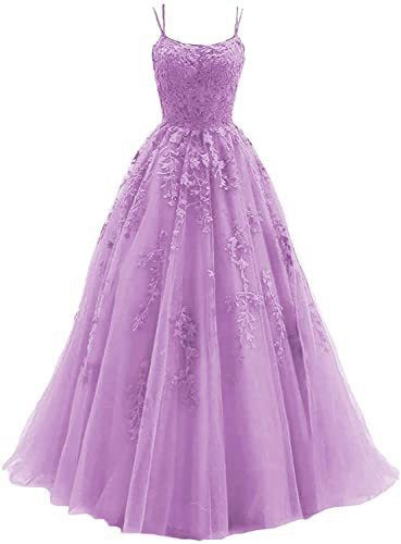 LOVECCR Evening Dress Women  Spaghetti Strap Prom Dress Long Tulle Lace Applique Women's Party Ball Gown Summer