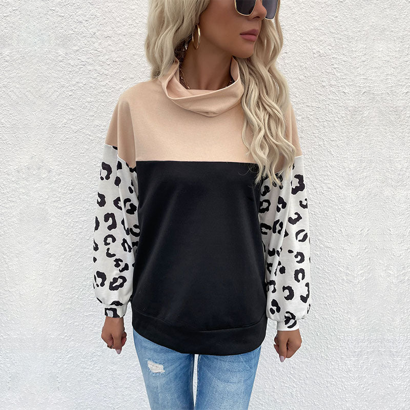 LOVECCR New Cross-border popular autumn and winter new products 2025 casual tops leopard print color matching long-sleeved turtleneck sweater