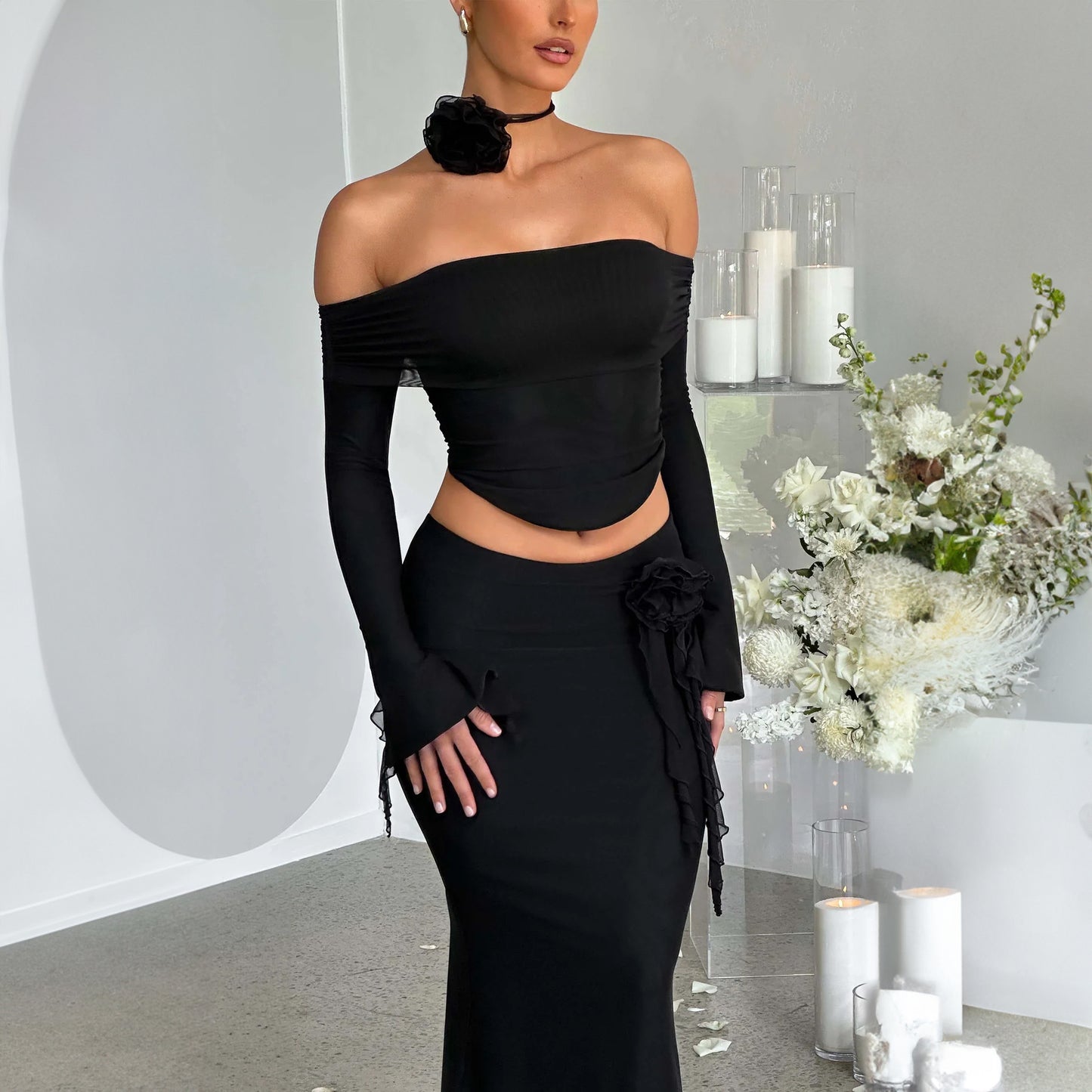 LOVECCR  foreign trade cross-border women's clothing Hot summer new fashionable and sexy tube top off-the-shoulder top long skirt set