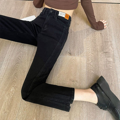 Black Straight Jeans for Women Spring and Autumn 2024 New Korean Style High Waist Slimming Slit Ankle-Length Cigarette Pants