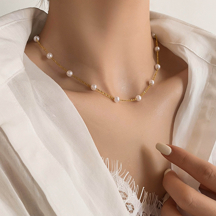 Entry Lux Pearl Necklace for Women Niche Design Retro Starry Clavicle Chain New Trendy Ins Style Fashion