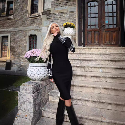 LOVECCR 2025 black heavy industry diamond-encrusted long-sleeved turtleneck bandage dress high-end sense slim-fitting knitted women's clothing autumn and winter models