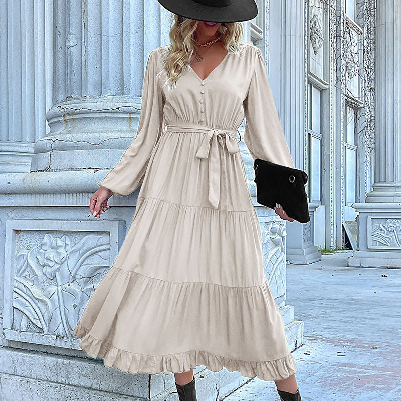 LOVECCR Hot autumn and winter new   2025 foreign trade women's long-sleeved pleated splicing dress