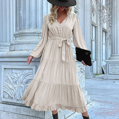 LOVECCR Hot autumn and winter new   2025 foreign trade women's long-sleeved pleated splicing dress