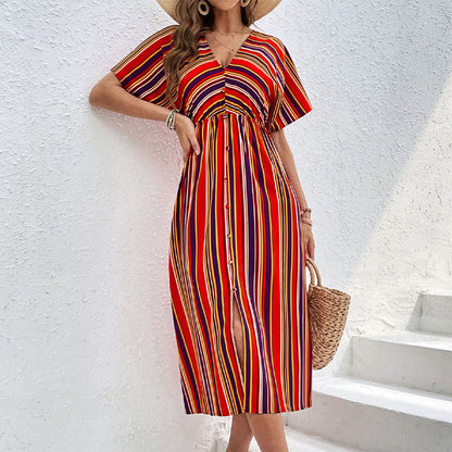 LOVECCR 2025  color striped casual dress temu new V-neck button high waist long dress women