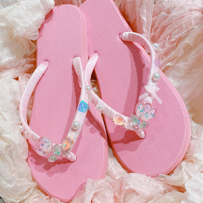 4335a around 07 Flower 08 Fairy Style Sweet Girl Flip Flops Spring Summer Outerwear Seaside Beach Flip-Flops Sandals