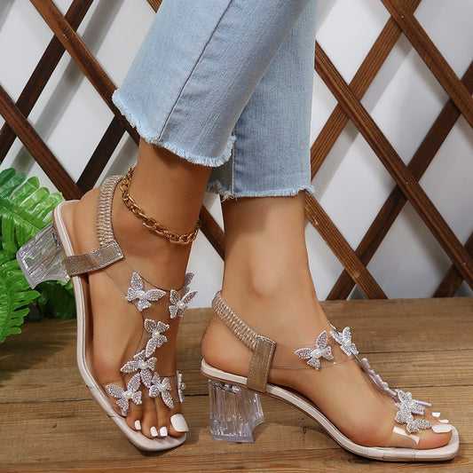 loveccr  Cross-Border 23 New Square Toe Elastic Band Butterfly Flower Sandals Women's Foreign Trade plus Size Crystal Heel Slip-on Sexy Sandals