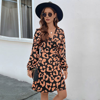 LOVECCR   Europe and the United States new leopard print v-neck long-sleeved long-sleeved dress temperament casual wrap skirt