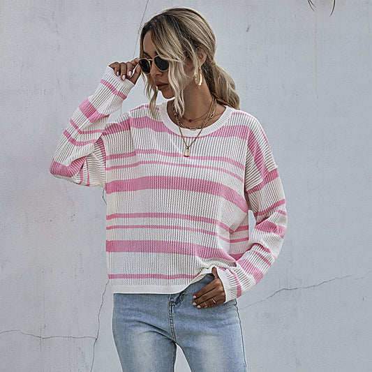 LOVECCR  foreign trade Hot early autumn pink pullover round neck striped knitted sweater women's casual pullover